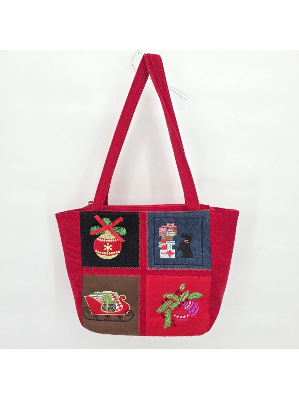 Kim Rogers Tote Bag Womens Red Corduroy Patchwork Christmas Dog Embroidered Zip